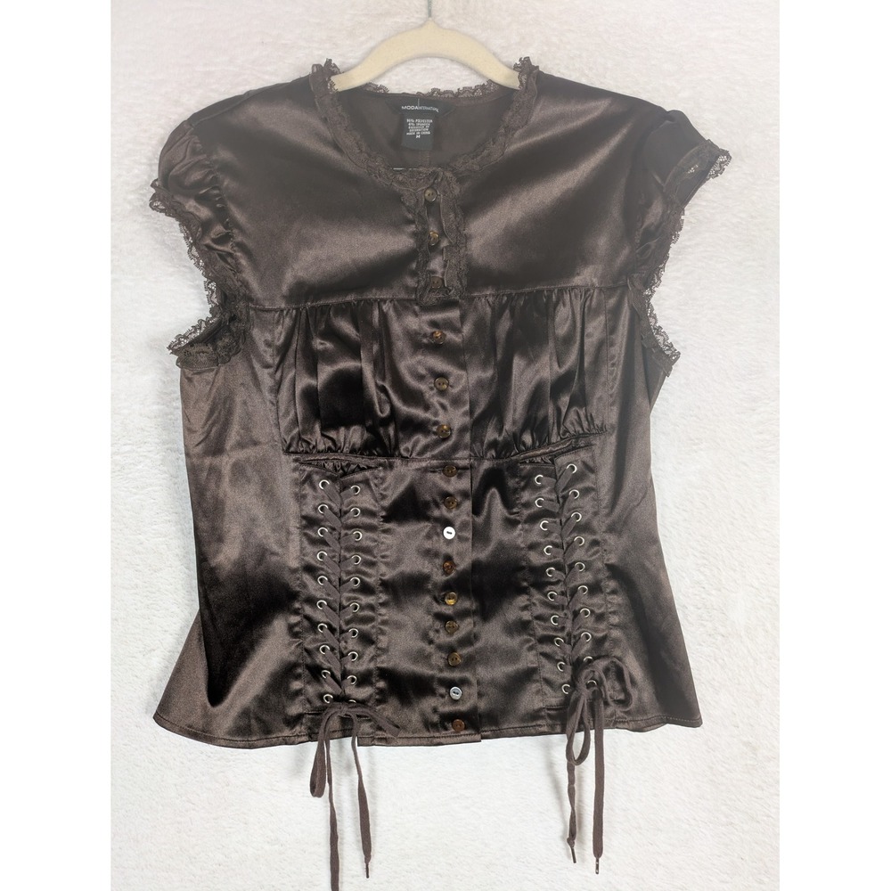 Moda International Corset Top Women's M Brown Satin Lace Up Cap Sleeve Ruffle